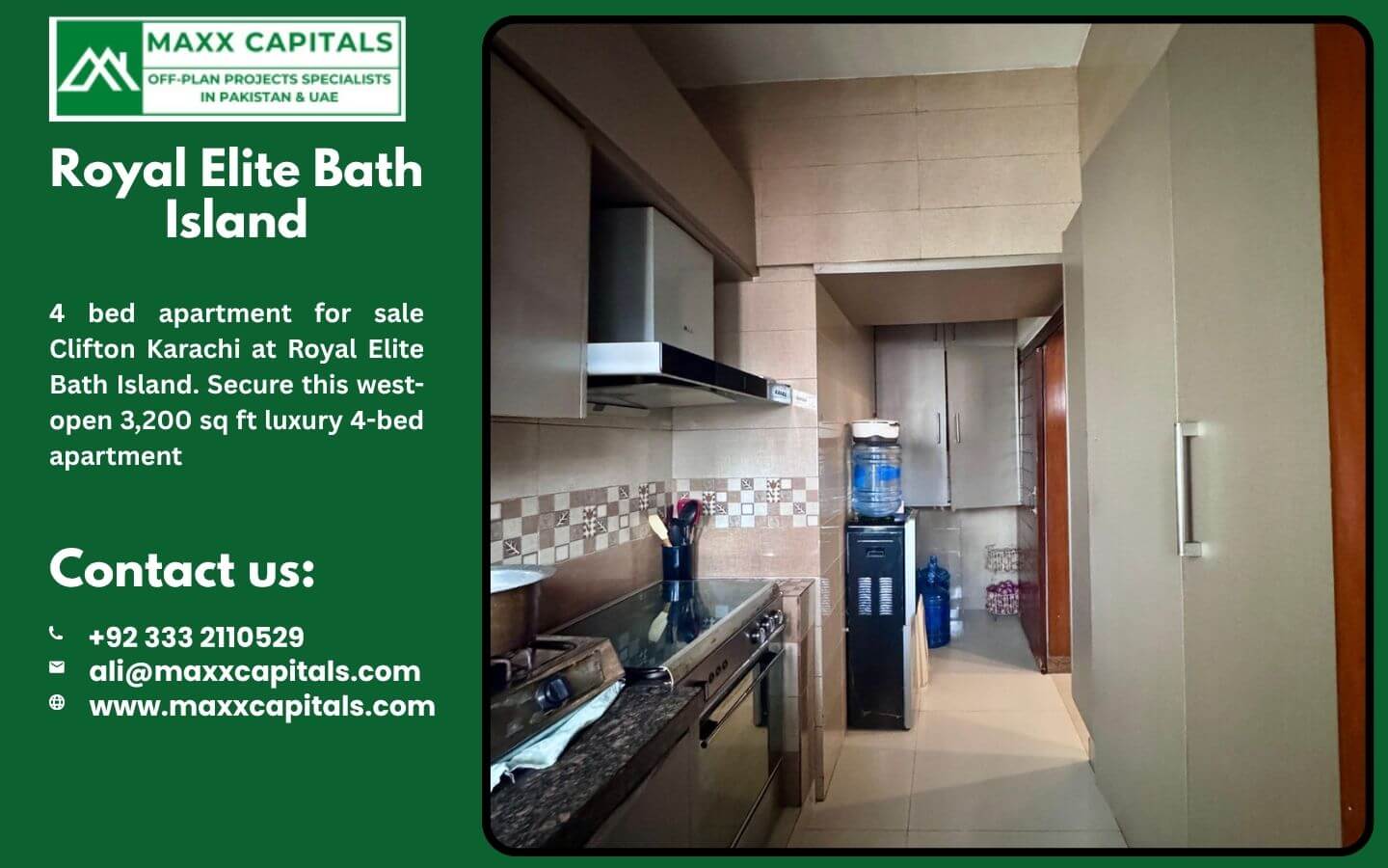 4 bed apartment for sale Clifton Karachi at Royal Elite Bath Island (10) MaxX Capitals Royal Elite Bath Island Clifton kitchen with stove, cabinets, tiled backsplash, and water dispenser