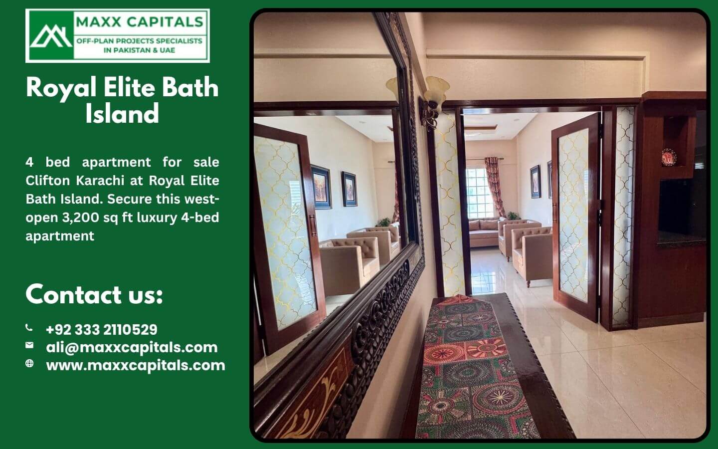 4 bed apartment for sale Clifton Karachi at Royal Elite Bath Island (2) MaxX Capitals hallway view in Royal Elite Bath Island Clifton 4 bed apartment for sale