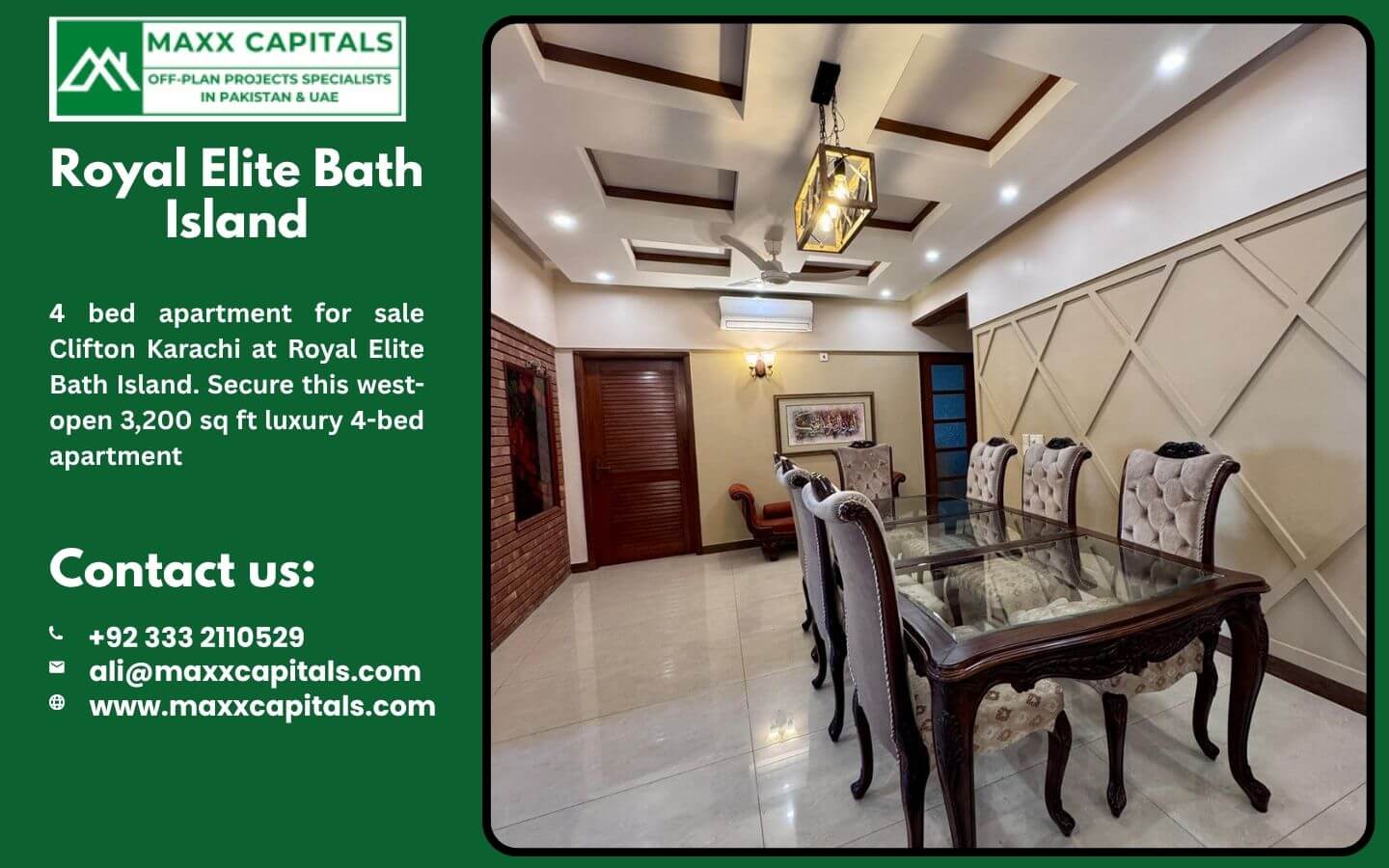 4 bed apartment for sale Clifton Karachi at Royal Elite Bath Island (3) MaxX Capitals Royal Elite Bath Island Clifton dining room with glass table and tufted chairs