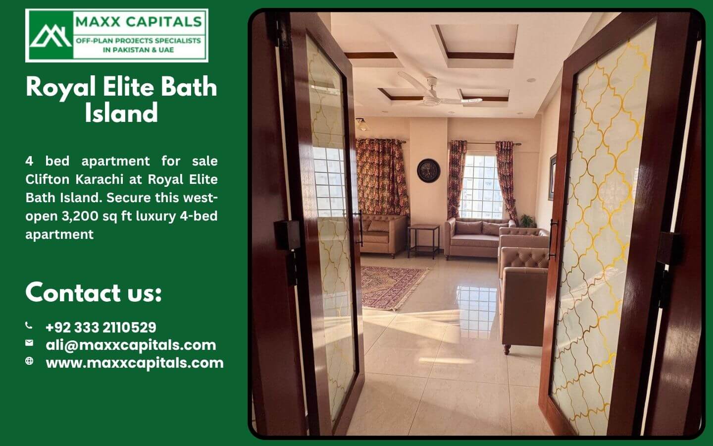 4 bed apartment for sale Clifton Karachi at Royal Elite Bath Island (4) MaxX Capitals Royal Elite Bath Island Clifton apartment entrance opening to a bright furnished living room