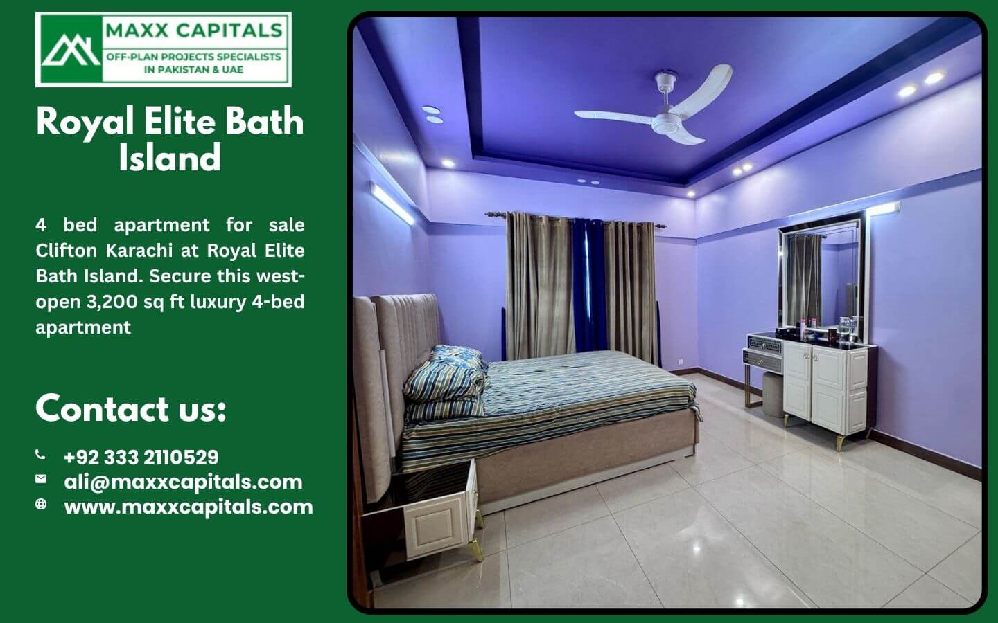 4 bed apartment for sale Clifton Karachi at Royal Elite Bath Island (5) MaxX Capitals bedroom in Royal Elite Bath Island Clifton Karachi 4 bed apartment