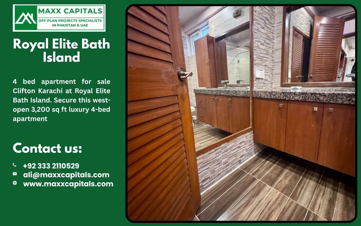 4 bed apartment for sale Clifton Karachi at Royal Elite Bath Island (6) MaxX Capitals bathroom in Royal Elite Bath Island Clifton apartment, with wooden vanity, mirror, and tiled flooring