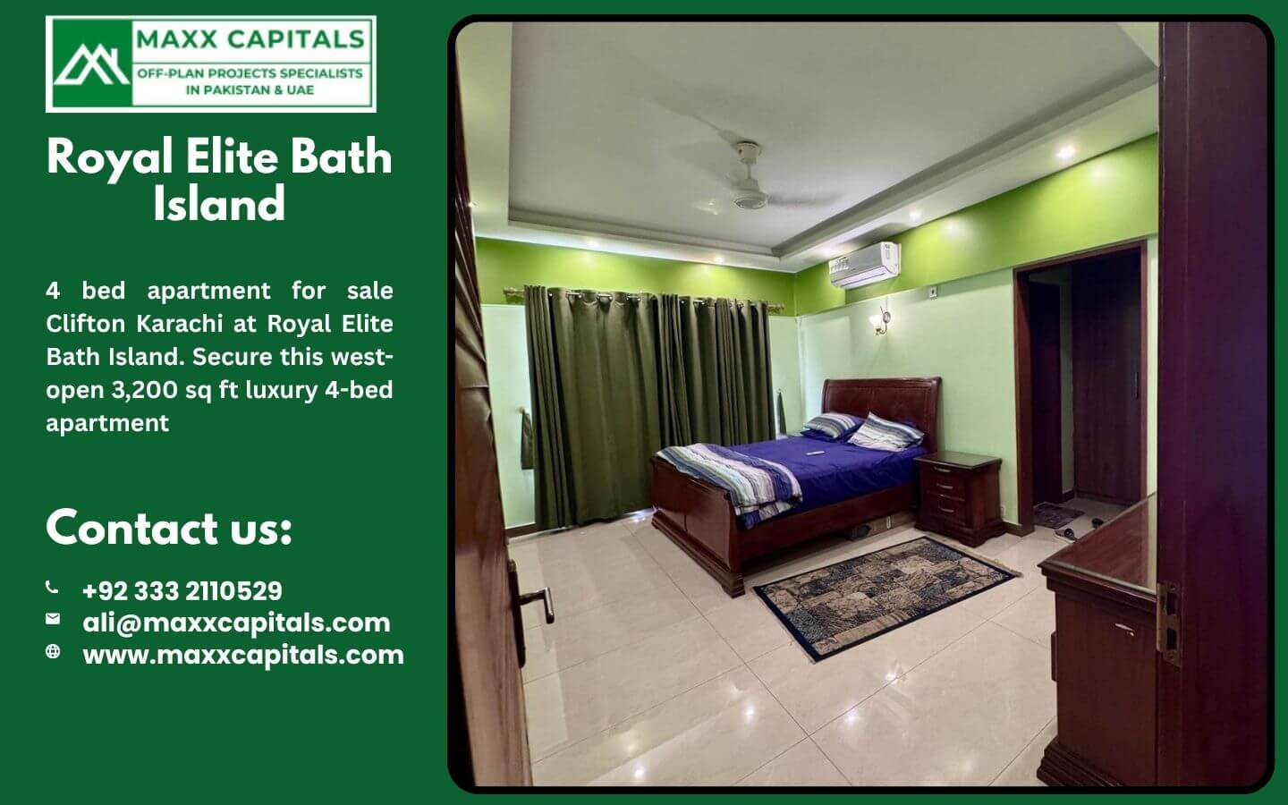 4 bed apartment for sale Clifton Karachi at Royal Elite Bath Island (7) MaxX Capitals: Royal Elite Bath Island Clifton bedroom in a 4 bed apartment for sale