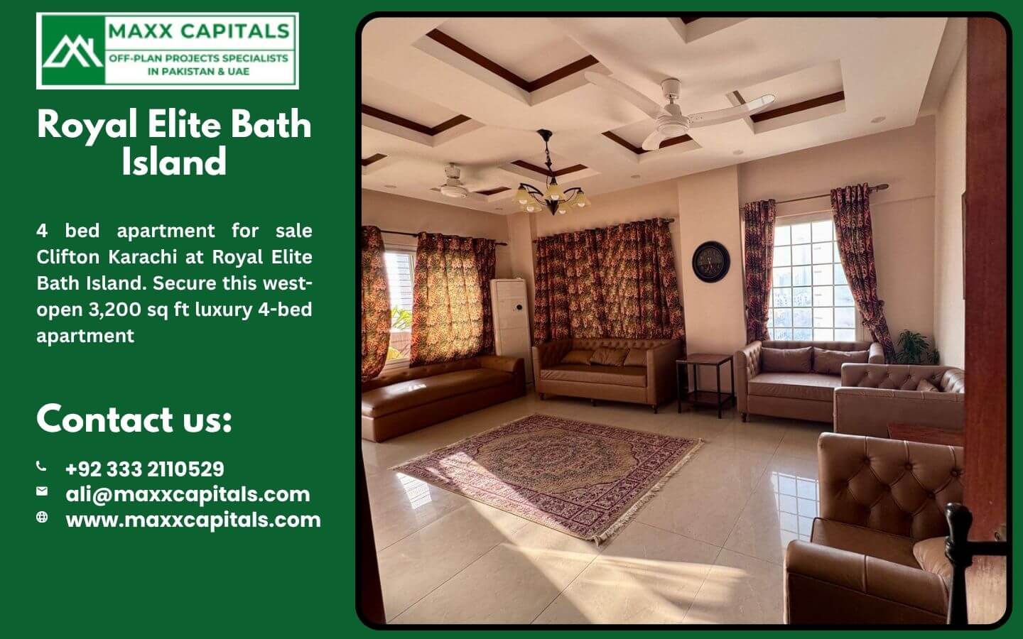 4 bed apartment for sale Clifton Karachi at Royal Elite Bath Island (8) MaxX Capitals living room in Royal Elite Bath Island Clifton apartment, tiled floor, sofas, windows, and ceiling fans