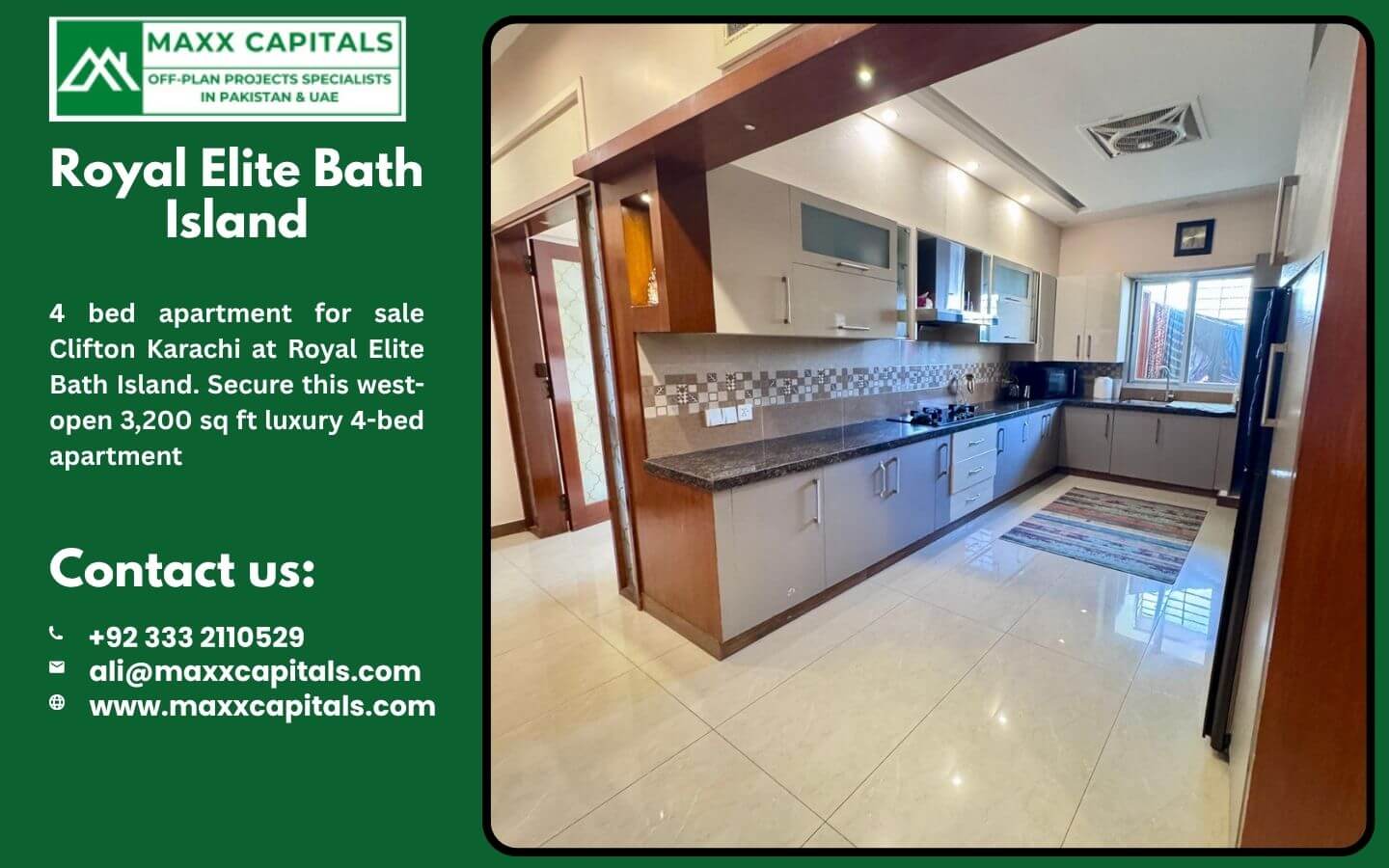 4 bed apartment for sale Clifton Karachi at Royal Elite Bath Island (9) MaxX Capitals Royal Elite Bath Island Clifton kitchen with modern cabinets, granite counter, and tiled flooring