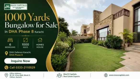 Landscaped 1000 Yards Bungalow Exterior In Dha Phase 8 Karachi With Lawn, Stone Facade, And Balcony