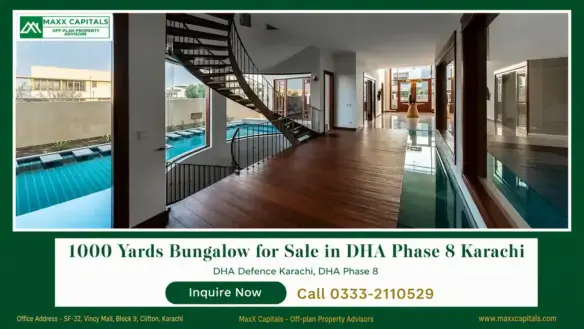 Modern DHA Phase 8 Karachi bungalow interior with wooden staircase, glass railing, and pool views