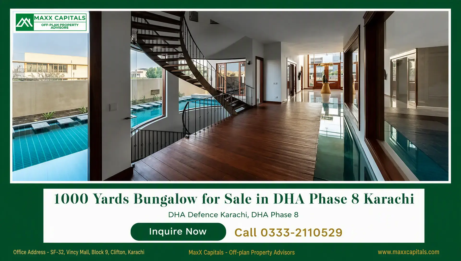 1000 Yards Bungalow for Sale in DHA Phase 8 Karachi Modern DHA Phase 8 Karachi bungalow interior with wooden staircase, glass railing, and pool views