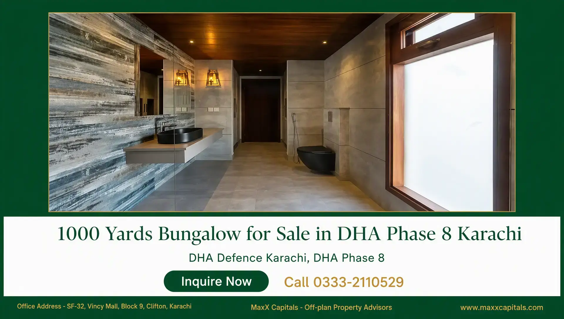 1000 Yards Bungalow for Sale in DHA Phase 8 Karachi Modern bungalow bathroom interior with vanity, black basin, tiled walls, and large frosted window in DHA Phase 8 Karachi