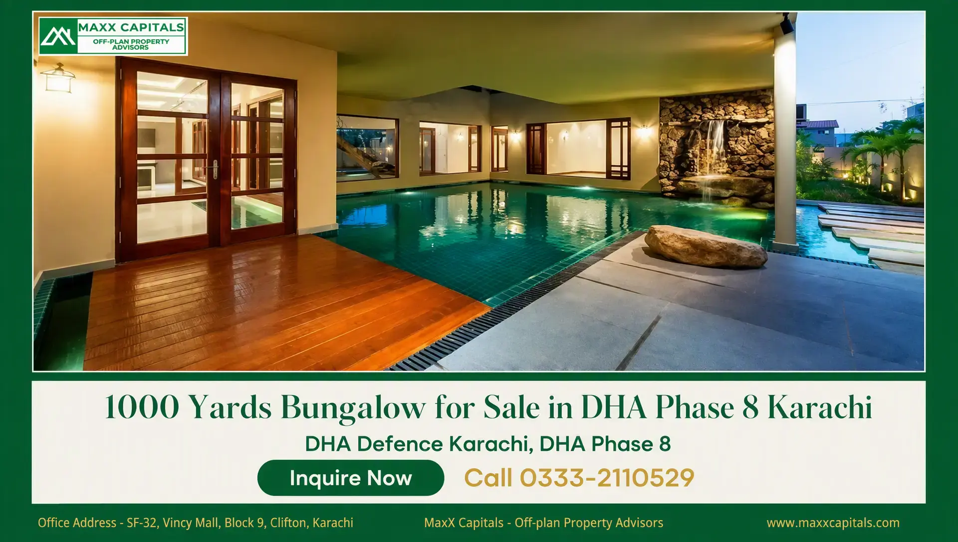 1000 Yards Bungalow for Sale in DHA Phase 8 Karachi Luxury indoor pool and patio area in a 1000 yards bungalow for sale in DHA Phase 8 Karachi