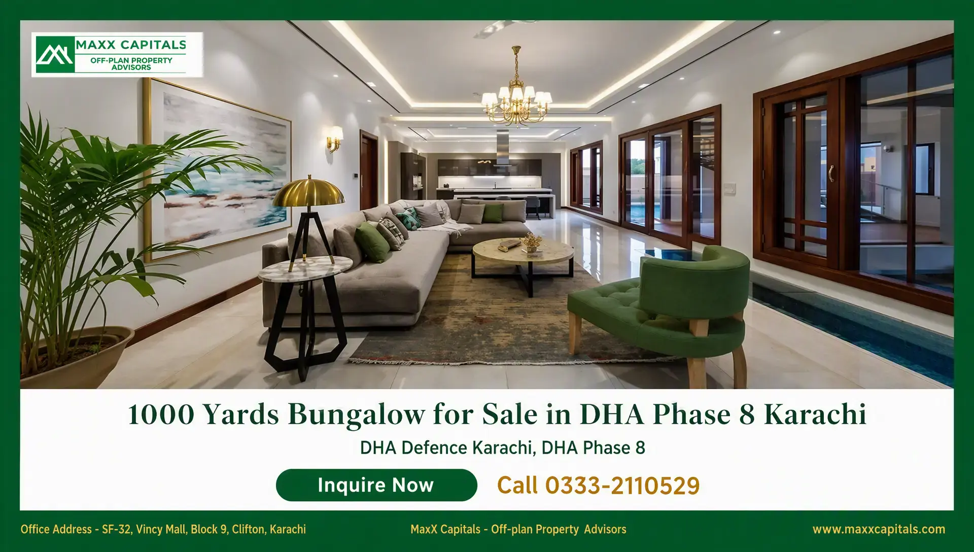 1000 Yards Bungalow for Sale in DHA Phase 8 Karachi Luxury DHA Phase 8 Karachi bungalow living room with sectional sofa, chandelier, and large windows