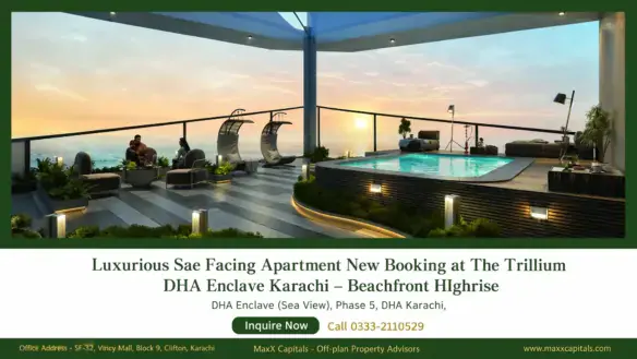 MaxX Capitals sea-facing The Trillium DHA Enclave Clifton rooftop pool with sunset lounge seating