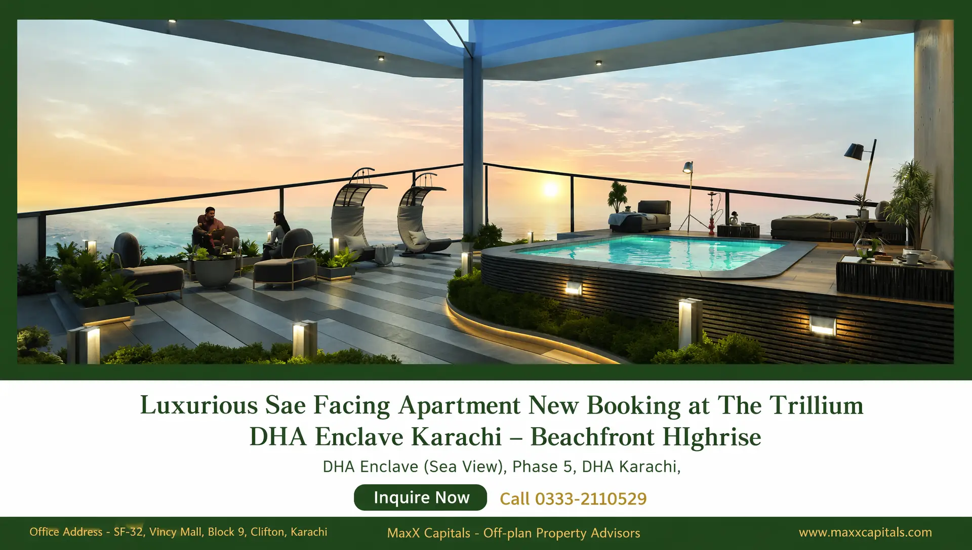 3-Bed Apartment New Booking at The Trillium DHA Enclave Karachi (1) MaxX Capitals sea-facing The Trillium DHA Enclave Clifton rooftop pool with sunset lounge seating