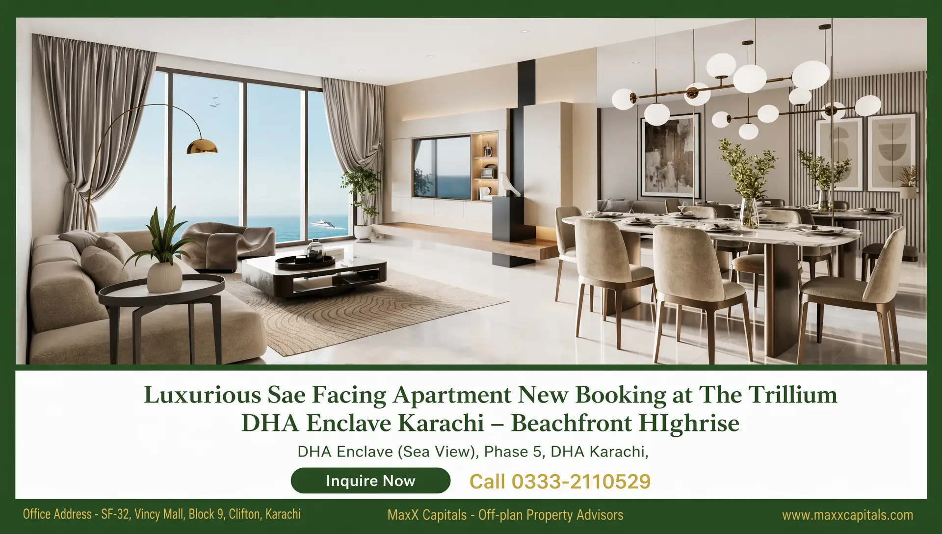 3-Bed Apartment New Booking at The Trillium DHA Enclave Karachi (10) MaxX Capitals luxury sea-facing apartment at The Trillium DHA Enclave Clifton Karachi living and dining area