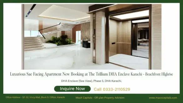 MaxX Capitals interior view of The Trillium DHA Enclave Clifton apartment lobby with stairs and elevator