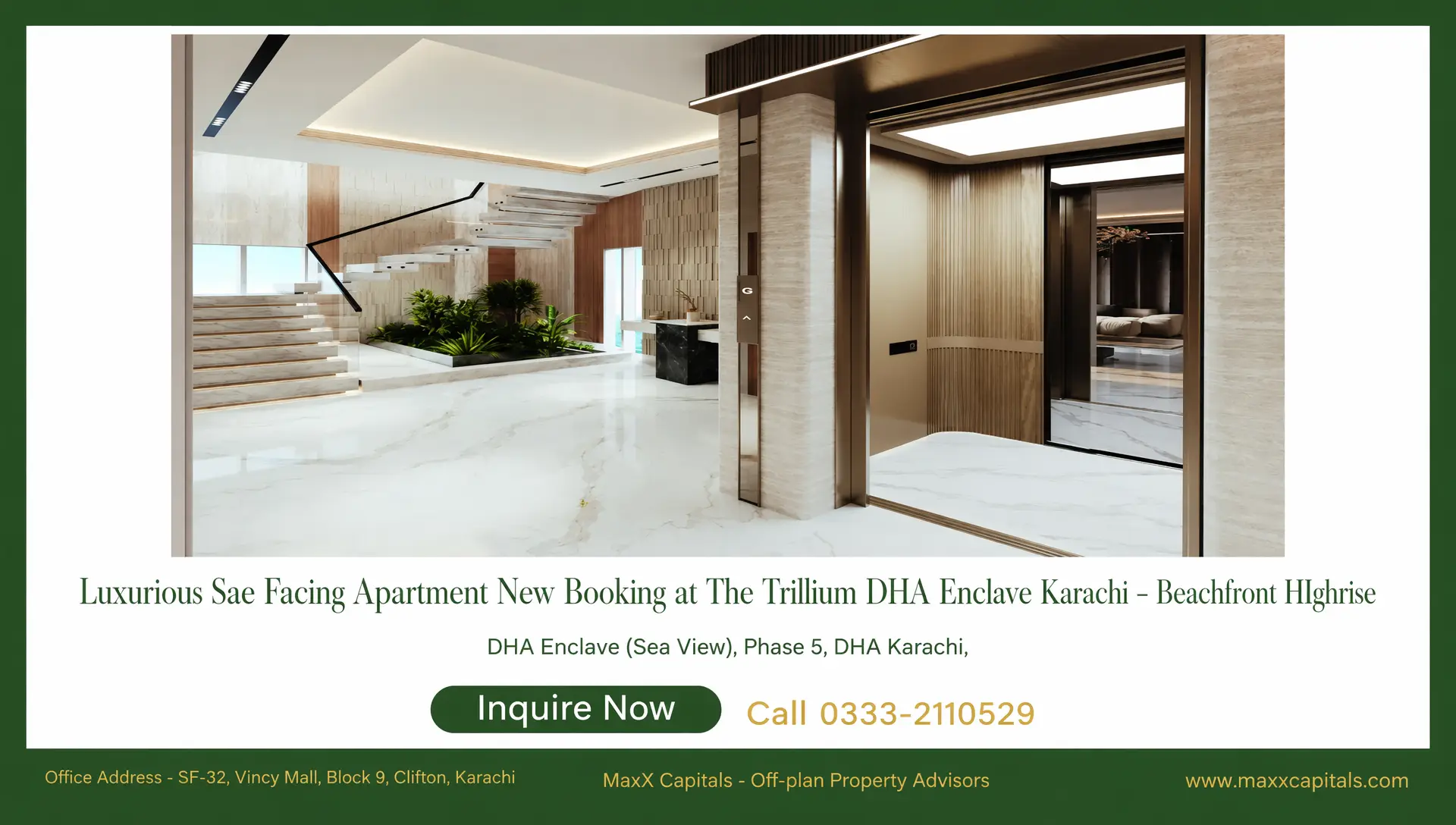 3-Bed Apartment New Booking at The Trillium DHA Enclave Karachi (2) MaxX Capitals interior view of The Trillium DHA Enclave Clifton apartment lobby with stairs and elevator