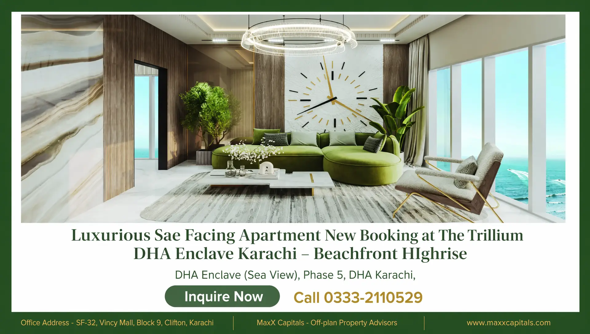 3-Bed Apartment New Booking at The Trillium DHA Enclave Karachi (3) MaxX Capitals luxury The Trillium DHA Enclave Clifton living room with sea view, green sofa, and chandelier