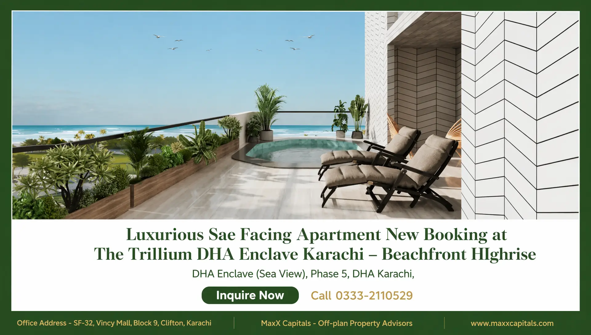 3-Bed Apartment New Booking at The Trillium DHA Enclave Karachi (4) MaxX Capitals luxury sea-facing The Trillium DHA Enclave Clifton terrace with lounge chairs and ocean view