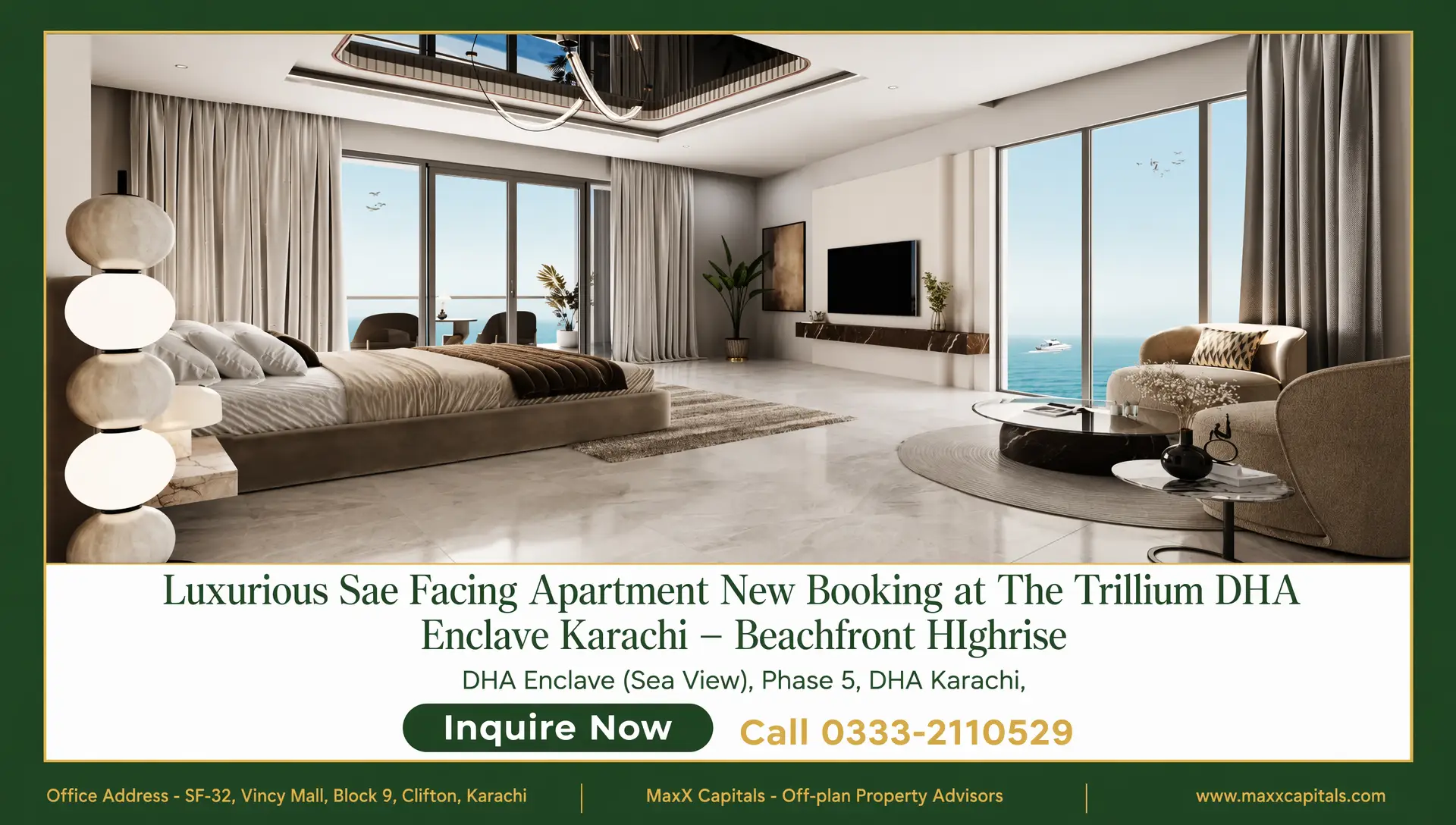 3-Bed Apartment New Booking at The Trillium DHA Enclave Karachi (6) MaxX Capitals sea-facing bedroom in The Trillium DHA Enclave Clifton Karachi with balcony ocean views
