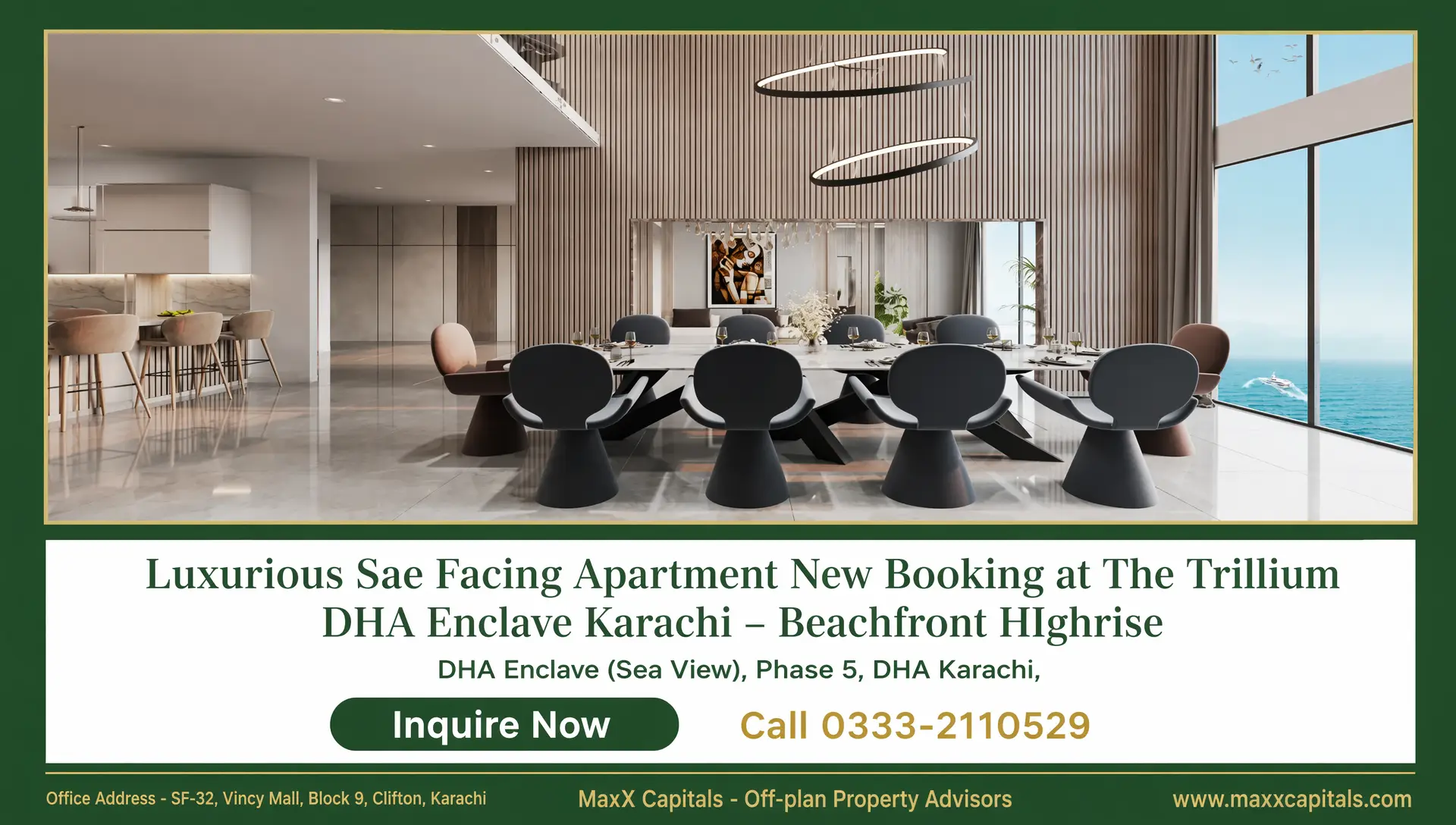 3-Bed Apartment New Booking at The Trillium DHA Enclave Karachi (7) MaxX Capitals: The Trillium DHA Enclave Clifton dining area with sea view and modern interiors