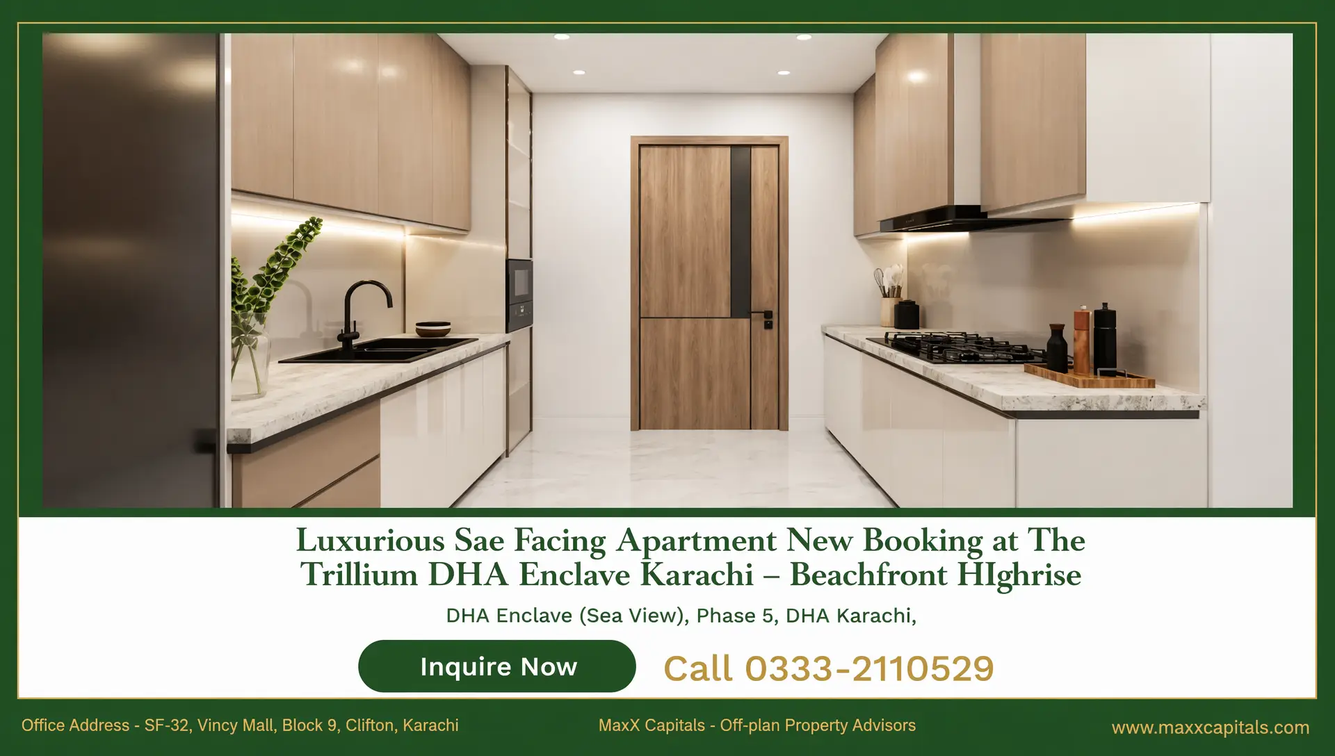 3-Bed Apartment New Booking at The Trillium DHA Enclave Karachi (9) MaxX Capitals modern The Trillium DHA Enclave Clifton kitchen with wood cabinets, marble counters, and gas hob