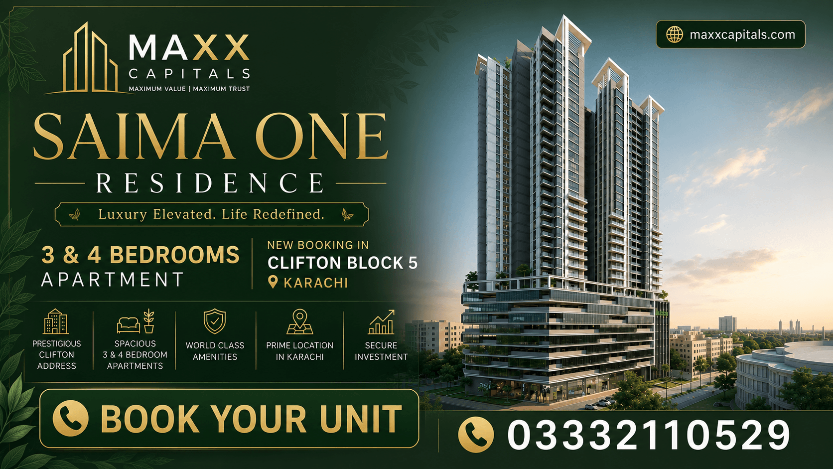 Saima One Residency Block 5 Clifton (1) MaxX Capitals: Saima One Residence tower rendering in Clifton Block 5, Karachi sea-facing apartment project
