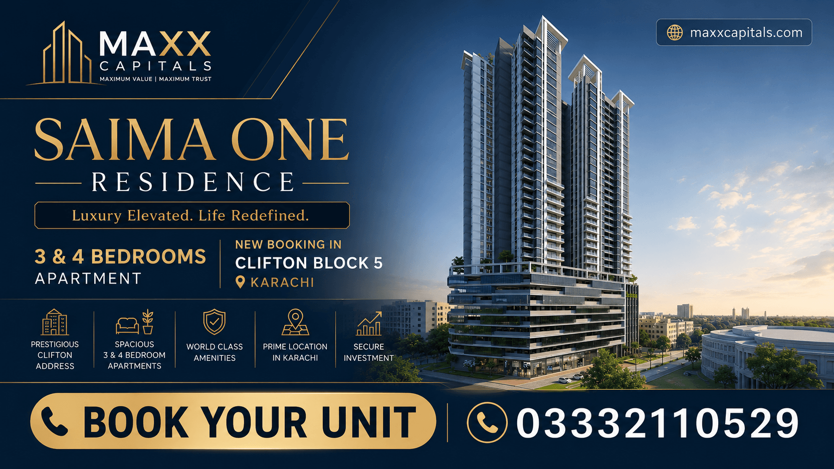 Saima One Residency Block 5 Clifton (2) MaxX Capitals Saima One Residence tower rendering for Clifton Block 5 Karachi sea-facing apartment