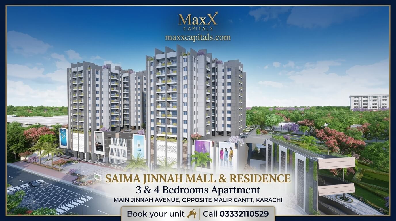Saima Jinnah Mall & Residency Main Jinnah Avenue Malir Cantt karachi (1) MaxX Capitals rendering of Saima Jinnah Mall & Residence under-construction apartment towers near Airport, Karachi