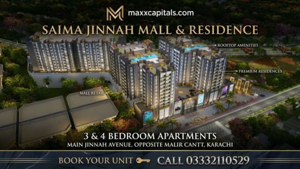 MaxX Capitals aerial view of Saima Jinnah Mall & Residence apartments, mall retail, rooftop amenities, Karachi
