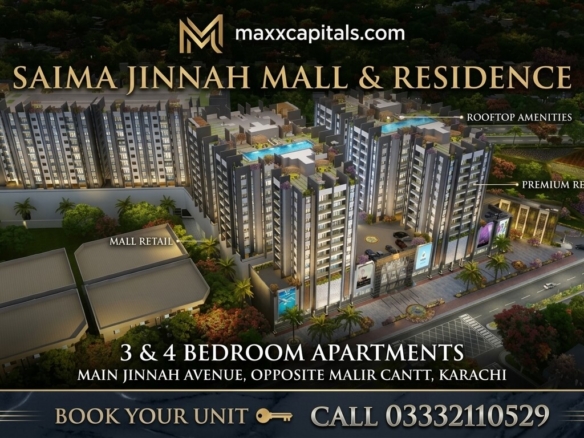 MaxX Capitals aerial view of Saima Jinnah Mall & Residence apartments, mall retail, rooftop amenities, Karachi