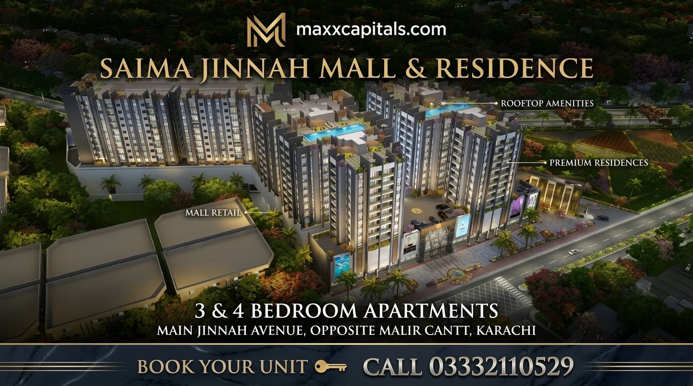 Saima Jinnah Mall & Residency Main Jinnah Avenue Malir Cantt karachi (2) MaxX Capitals aerial view of Saima Jinnah Mall & Residence apartments, mall retail, rooftop amenities, Karachi