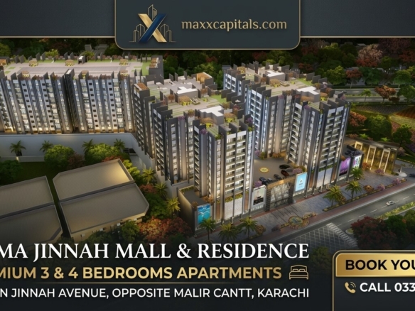 MaxX Capitals rendering of Saima Jinnah Mall & Residence under-construction apartment towers on Main Jinnah Avenue, Karachi