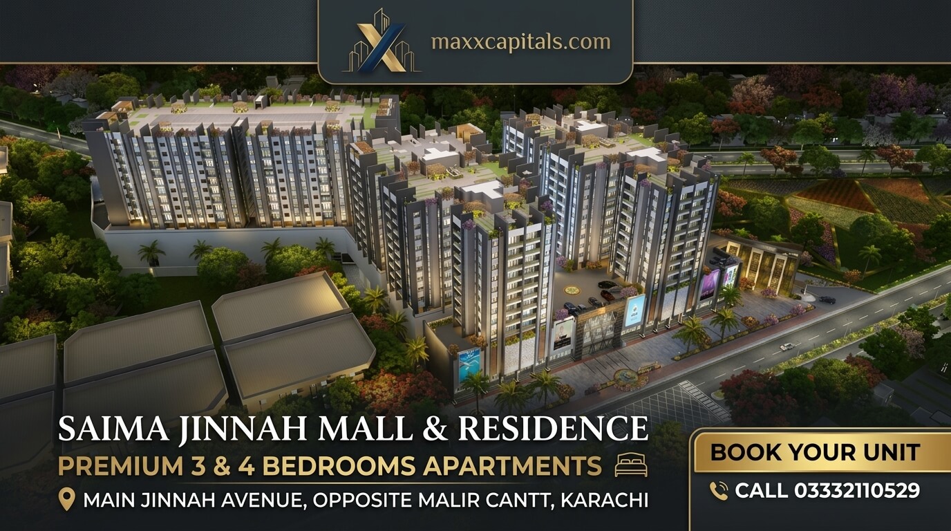 Saima Jinnah Mall & Residency Main Jinnah Avenue Malir Cantt karachi (3) MaxX Capitals rendering of Saima Jinnah Mall & Residence under-construction apartment towers on Main Jinnah Avenue, Karachi
