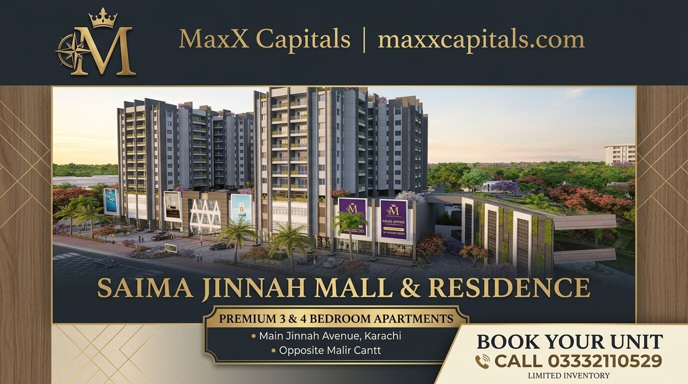 Saima Jinnah Mall & Residency Main Jinnah Avenue Malir Cantt karachi (4) MaxX Capitals render of Saima Jinnah Mall & Residence apartment towers near airport, Karachi