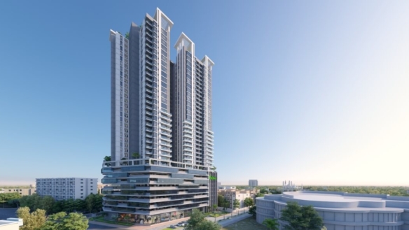 MaxX Capitals rendered Saima One Residency tower in Clifton Block 5 with modern balconies and podium levels