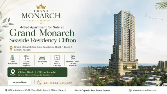 Maxx Capitals Grand Monarch Seaside Residency Clifton Tower Render With 4-Bed Apartment Details