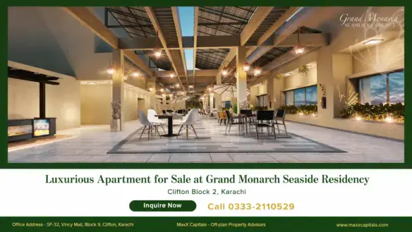 MaxX Capitals luxury Grand Monarch Seaside Residency Clifton terrace lounge with dining tables and lighting
