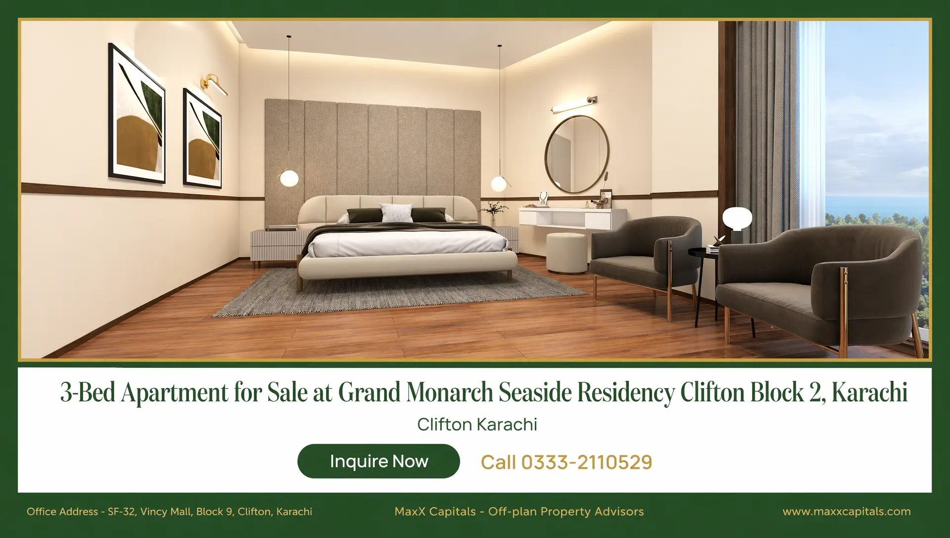 3-Bed Apartment for Sale – Grand Monarch Seaside Residency Clifton Block 2 (1) MaxX Capitals 3-bed apartment bedroom at Grand Monarch Seaside Residency, Clifton Karachi, with sea view