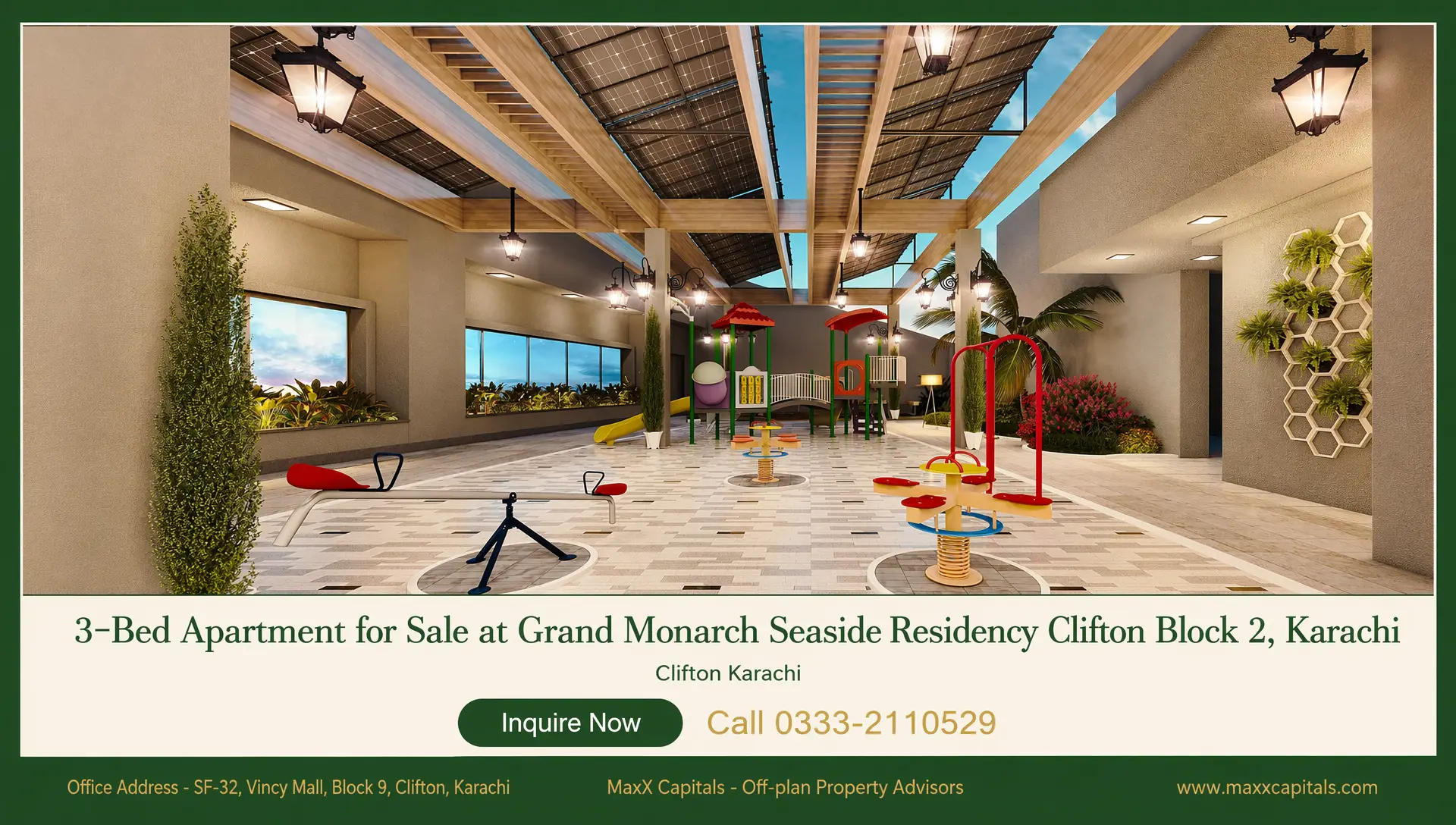 3-Bed Apartment for Sale – Grand Monarch Seaside Residency Clifton Block 2 (2) MaxX Capitals: Grand Monarch Seaside Residency Clifton Karachi children’s play area with seesaws and climbing equipment