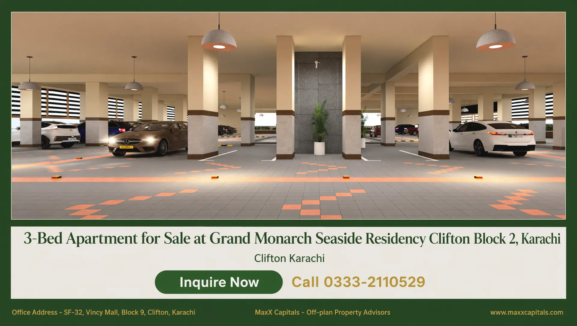 3-Bed Apartment for Sale – Grand Monarch Seaside Residency Clifton Block 2 (3) MaxX Capitals view of covered parking at Grand Monarch Seaside Residency, Clifton Karachi, with parked cars