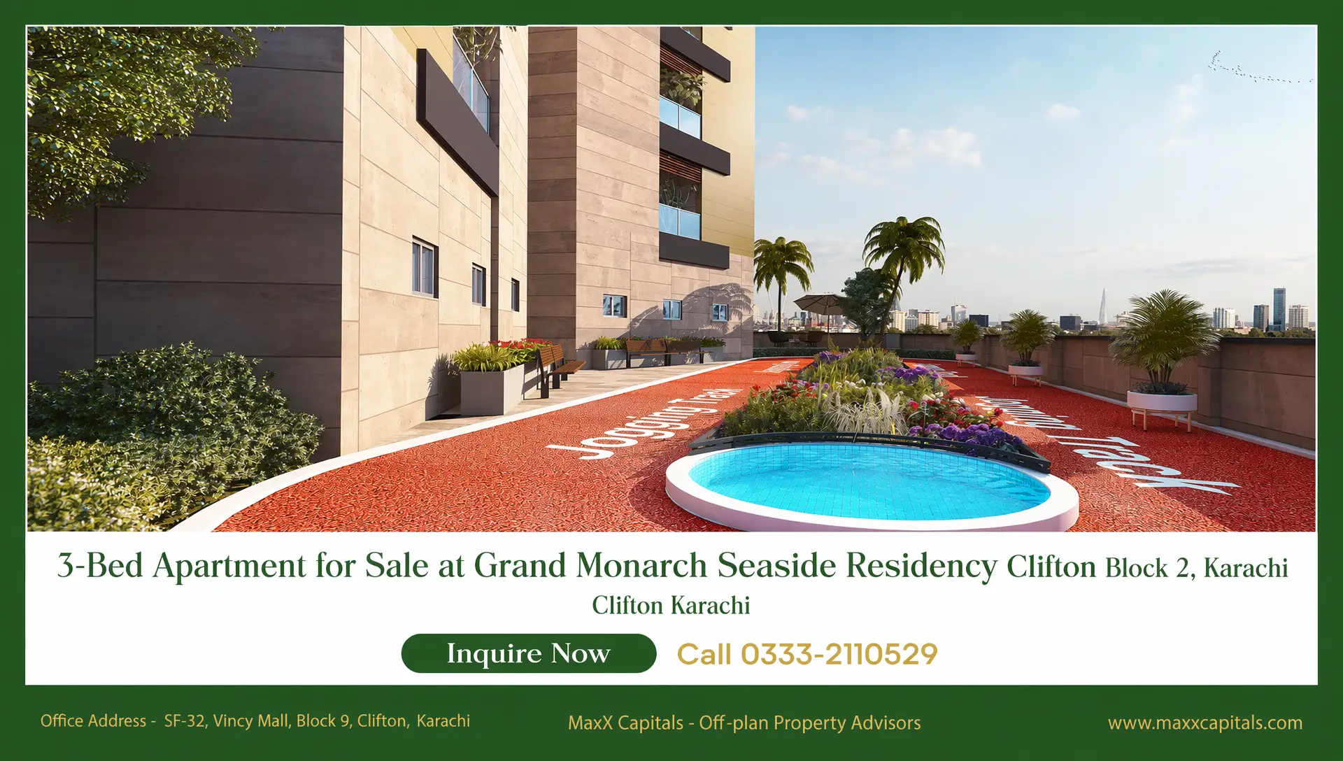3-Bed Apartment for Sale – Grand Monarch Seaside Residency Clifton Block 2 (4) MaxX Capitals renders Grand Monarch Seaside Residency Clifton Karachi rooftop garden with small pool and city view