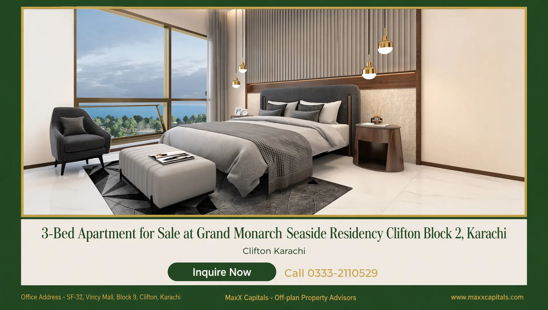 3-Bed Apartment for Sale – Grand Monarch Seaside Residency Clifton Block 2 (5) MaxX Capitals luxury bedroom in Grand Monarch Seaside Residency, Clifton Karachi 3-bed apartment