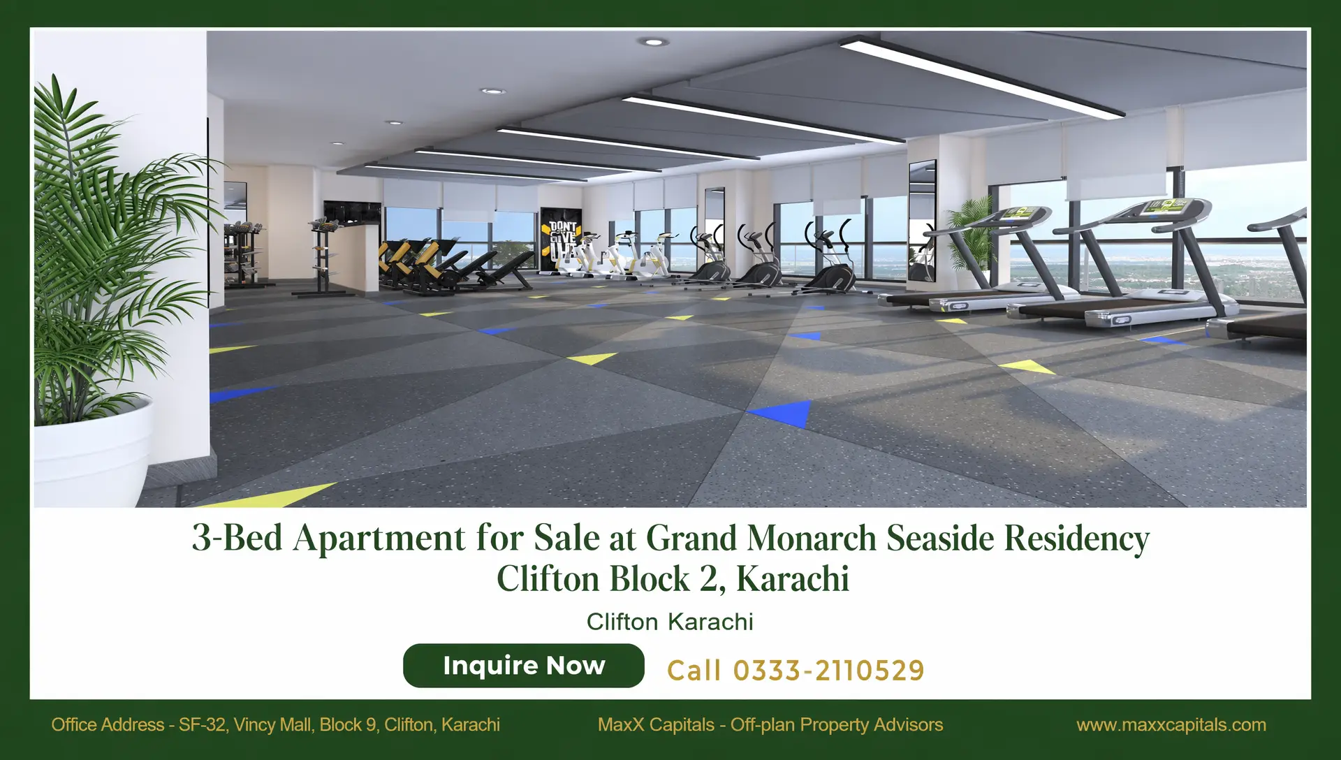 3-Bed Apartment for Sale – Grand Monarch Seaside Residency Clifton Block 2 (6) MaxX Capitals rendering of Grand Monarch Seaside Residency gym with treadmills and city views in Clifton Karachi