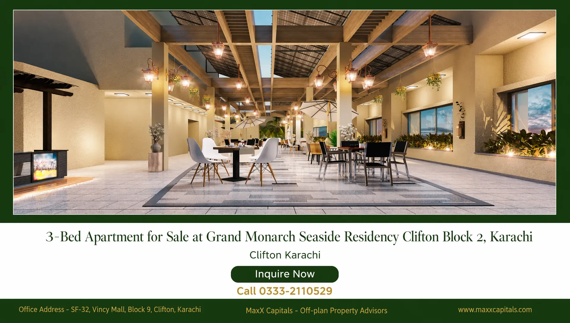 3-Bed Apartment for Sale – Grand Monarch Seaside Residency Clifton Block 2 (7) MaxX Capitals: Grand Monarch Seaside Residency Clifton Karachi terrace dining area with modern seating and lights