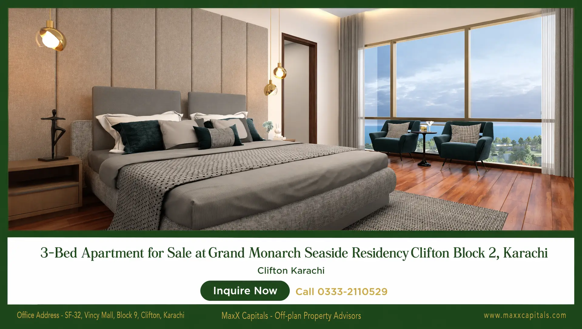 3-Bed Apartment for Sale – Grand Monarch Seaside Residency Clifton Block 2 (8) MaxX Capitals modern bedroom in 3-Bed Apartment for Sale at Grand Monarch Seaside Residency, Clifton Karachi