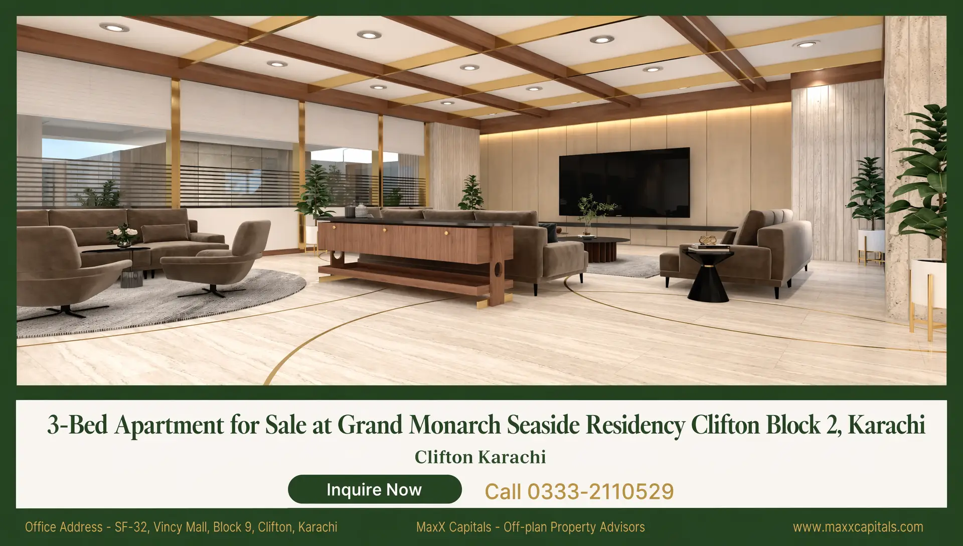3-Bed Apartment for Sale – Grand Monarch Seaside Residency Clifton Block 2 (9) MaxX Capitals interior lounge at Grand Monarch Seaside Residency, Clifton Karachi, with seating and TV wall