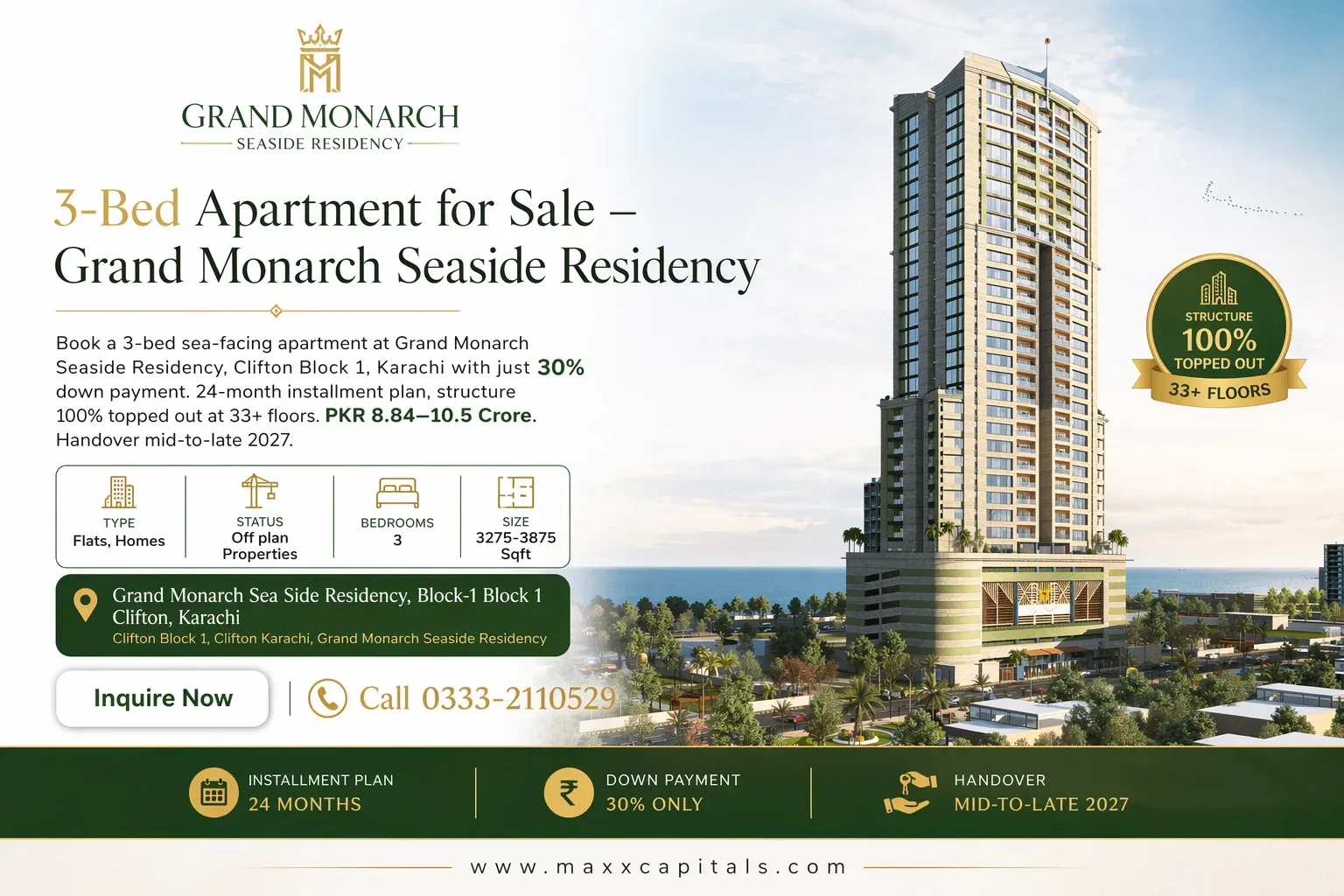 post-35406-3-bed-apartment-for-sale-grand-monarch-seaside-residency MaxX Capitals rendering of Grand Monarch Seaside Residency tower in Clifton, Karachi