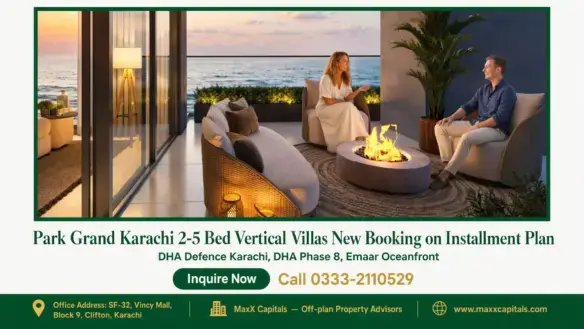 Modern terrace with ocean view, cozy seating, fire pit, and ambient lighting in Park Grand Karachi luxury villas.