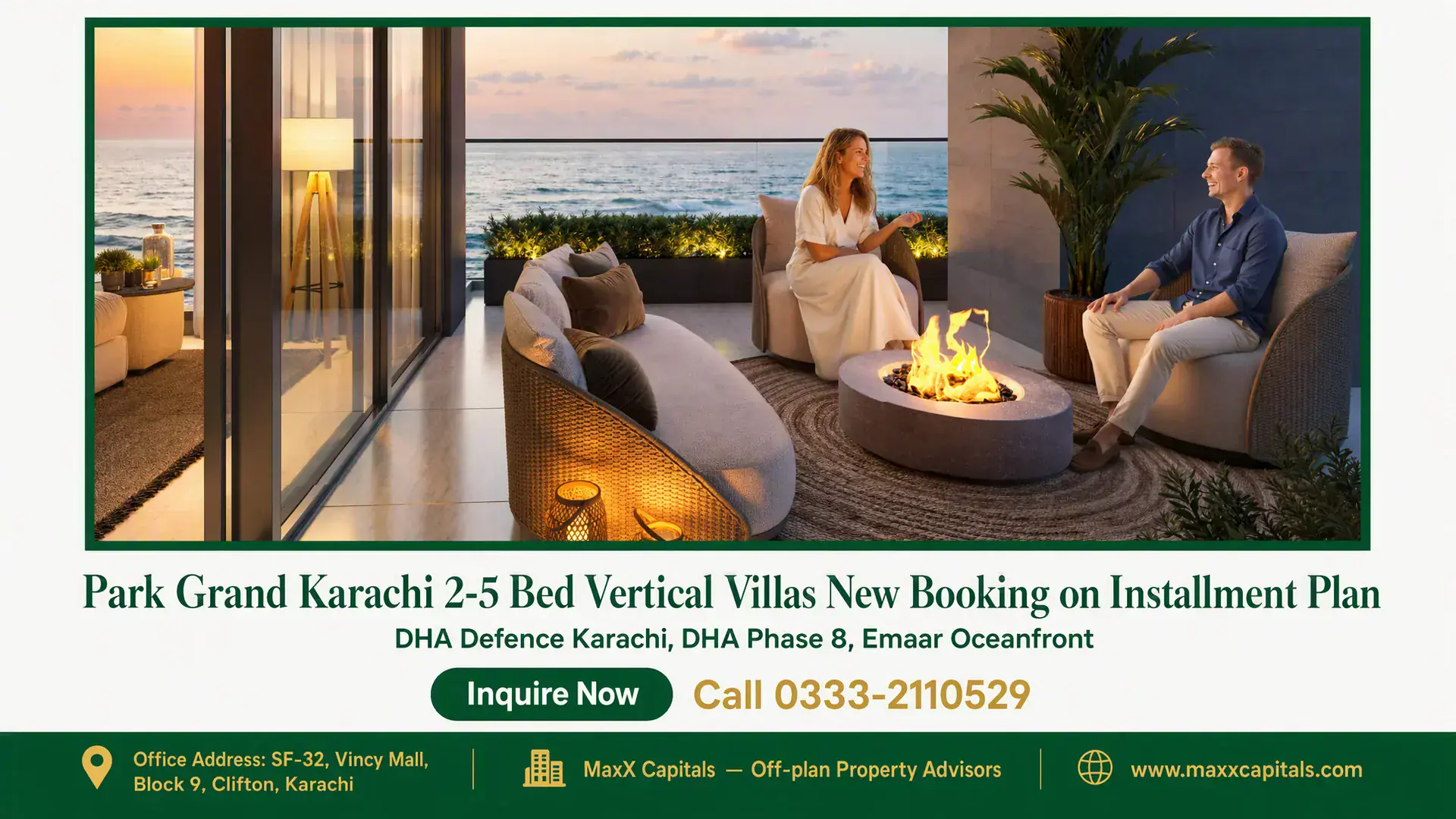 Park Grand Karachi 2-5 Bed Vertical Villas New Booking on Installment Plan Modern terrace with ocean view, cozy seating, fire pit, and ambient lighting in Park Grand Karachi luxury villas.