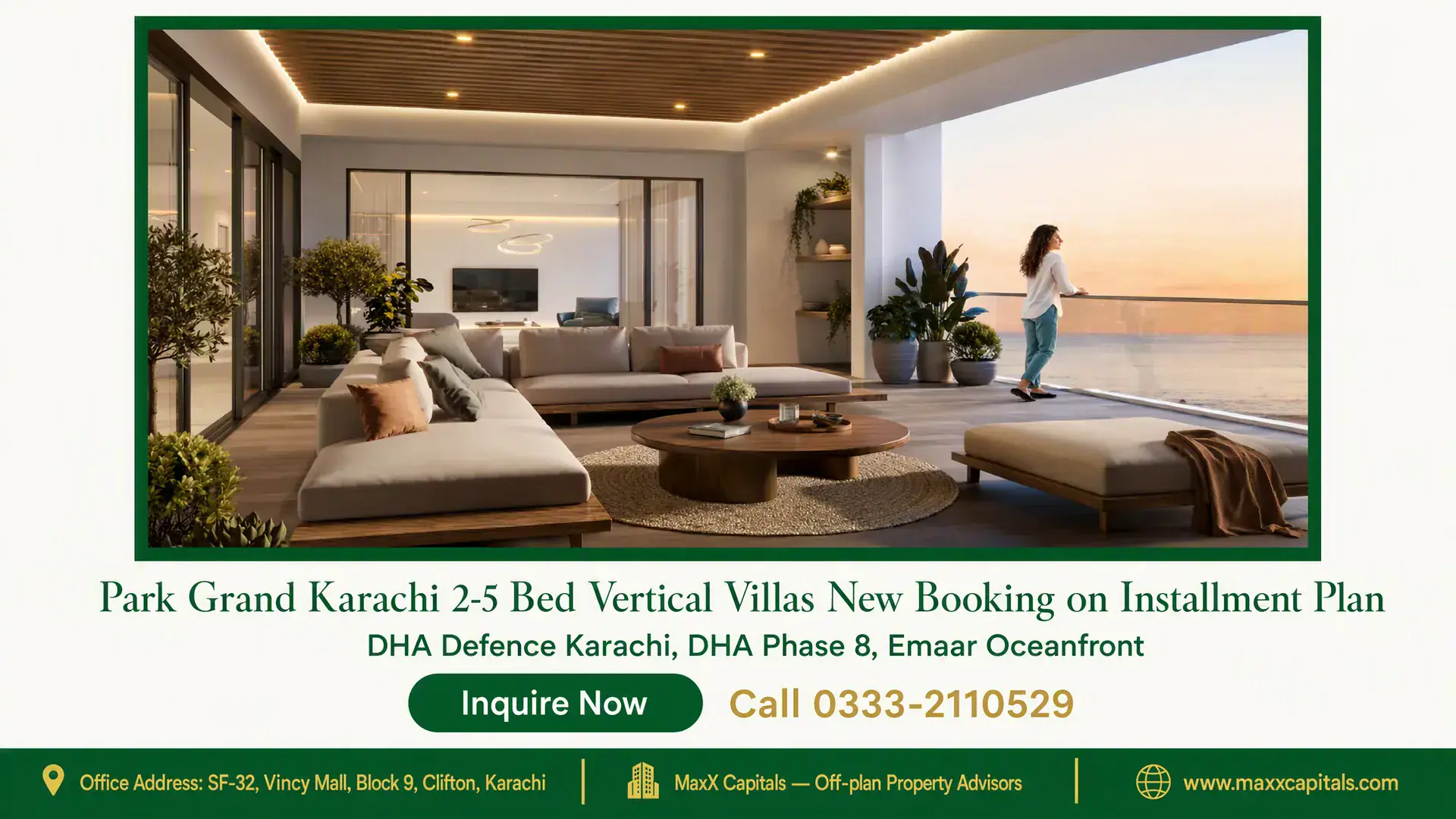 Park Grand Karachi 2-5 Bed Vertical Villas New Booking on Installment Plan Luxury Park Grand Karachi villa living room with modern seating, wooden accents, glass walls, and sea-facing terrace.